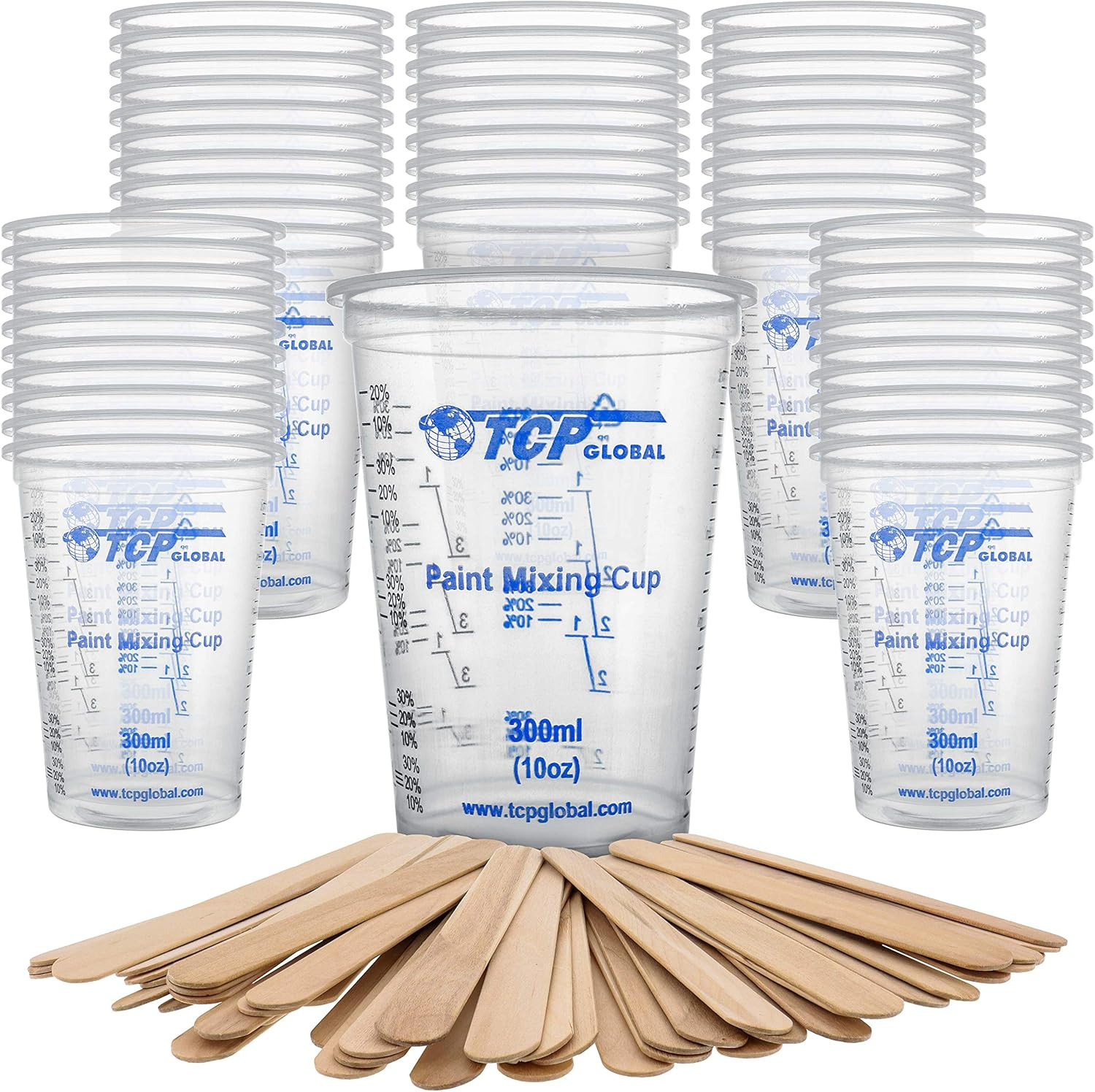 10 Oz. (300Ml) Graduated Plastic Mixing Cups - Box of 50 | plus 50 Mixing Sticks