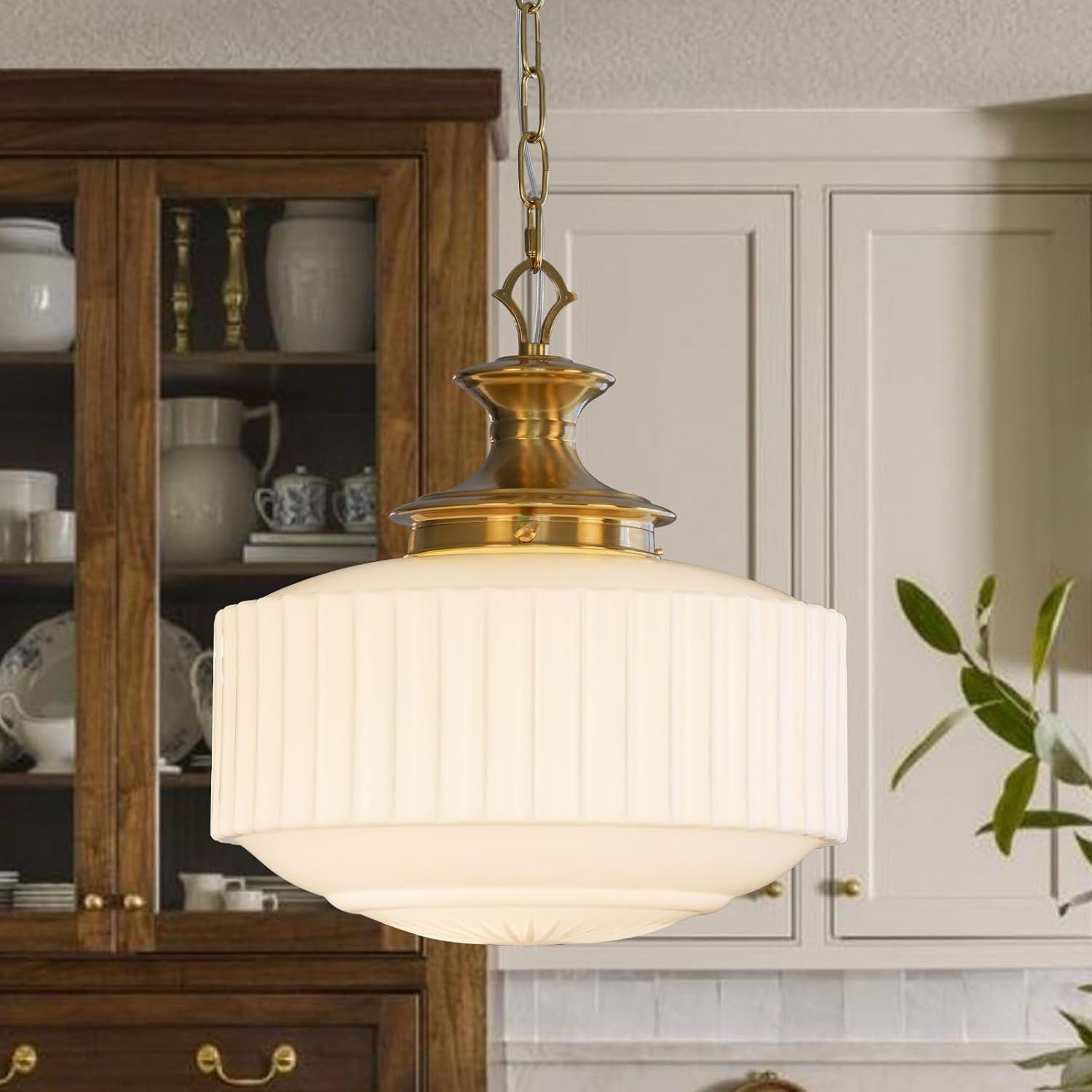 Vintage Brass Milk Glass Chandelier, 13.8