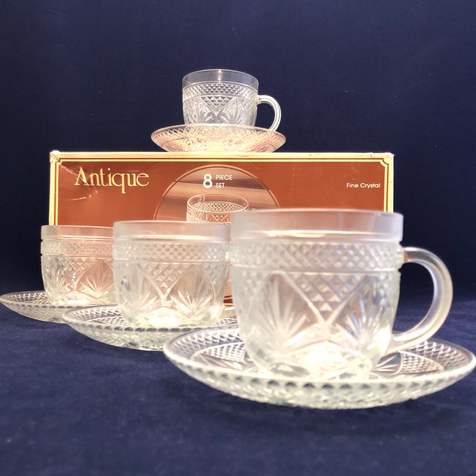 Durand Glass Luminarc 8 Piece Set Antique Fine Crystal Cups & Saucers c1970s USA Durand Glass Luminarc 8 Piece Set Antique Fine Crystal Cups & Saucers c1970s USA
