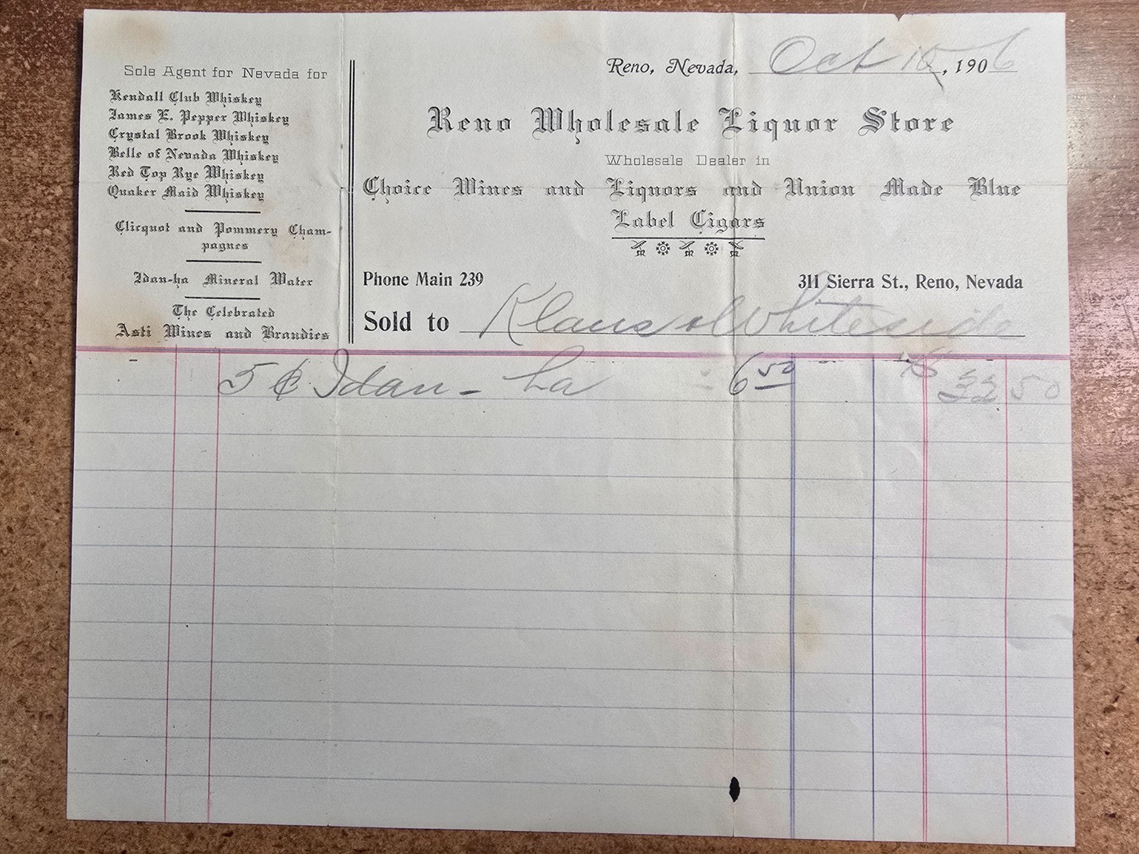 1906 Reno Nevada Wholesale Liquor Asti Wine Crystal Brook Whiskey Club Billhead
