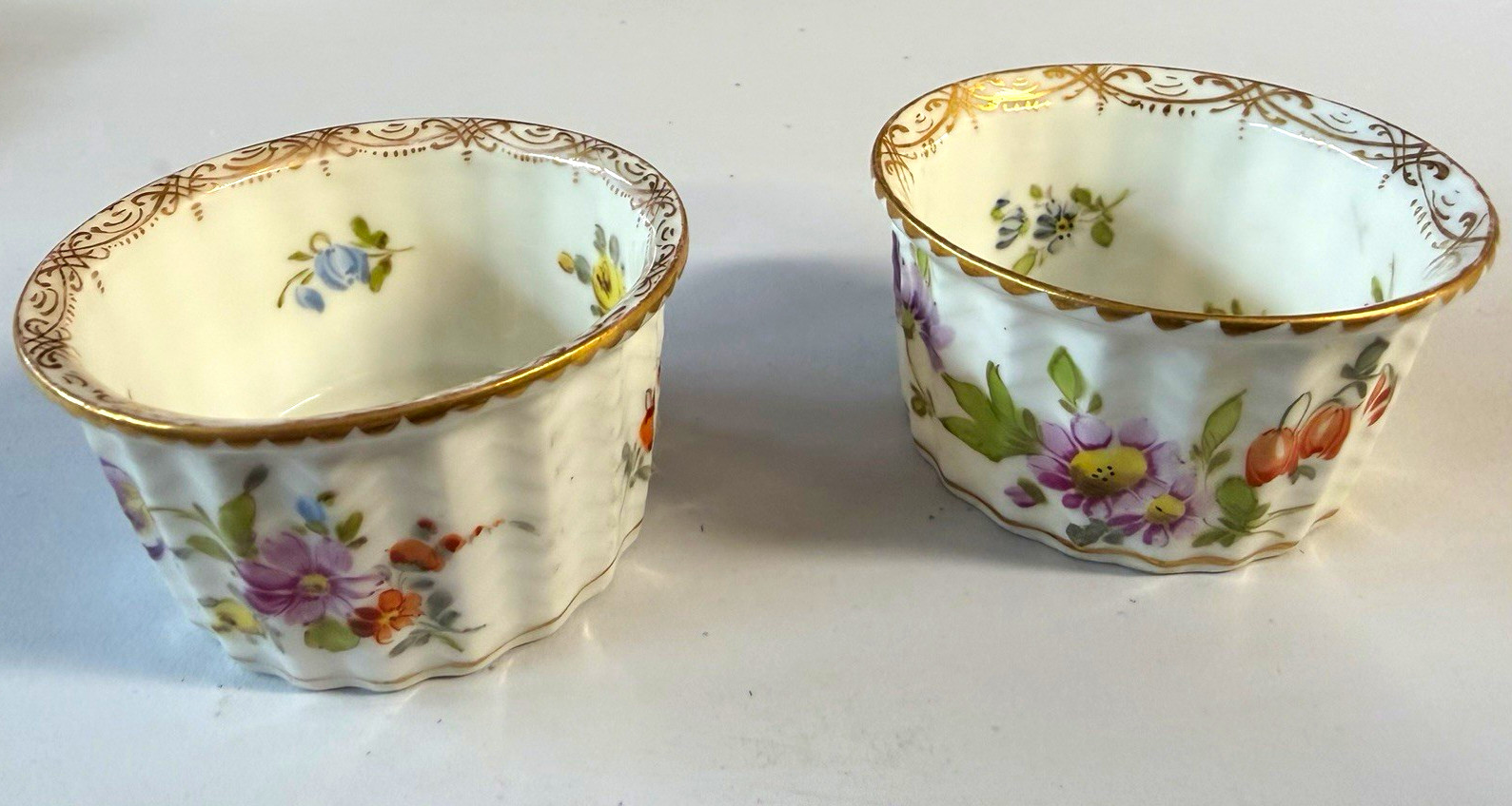 Antique Dresden Porcelain Floral Bowls Pair – Hand Painted Gold Scrolls – RK