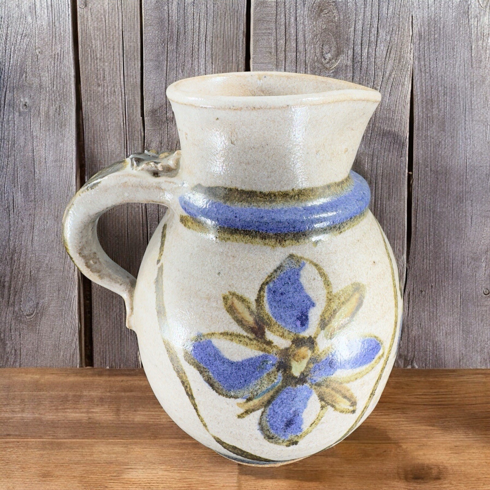 Hand Made Stoneware Pottery Pitcher Carafe Hand Painted Blue Flowers Vintage Hand Made Stoneware Pottery Pitcher Carafe Hand Painted Blue Flowers Vintage