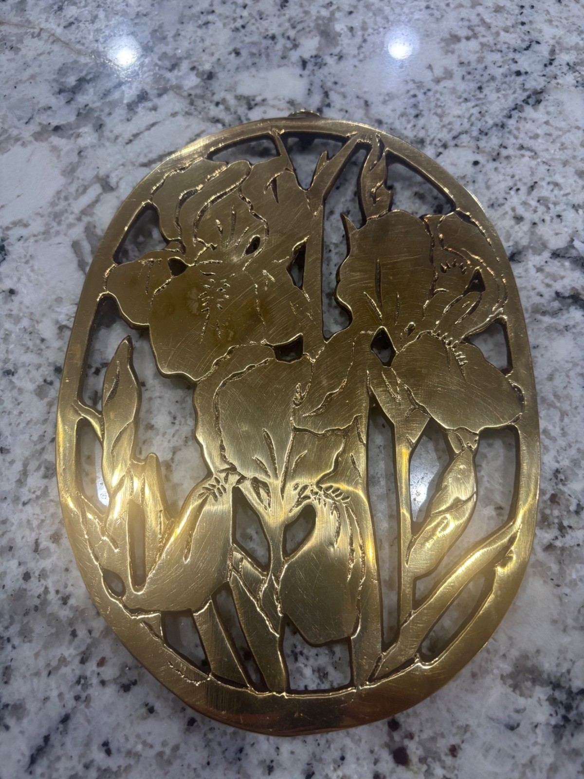 Vintage Lillian Vernon IRIS Kitchen Counter TRIVET Wall Hanging 8” Floral BRASS