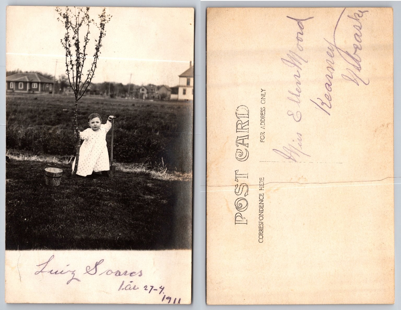 1911 Kearney Nebraska Real Photo Postcard RPPC Young Child Planting Tree