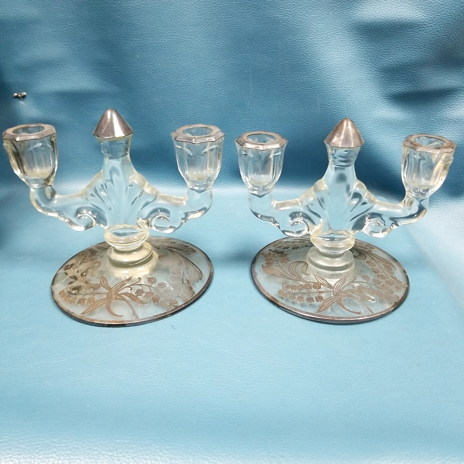 Pair VTG Heisey Trident Style 2 Arm Sterling Etched Floral Candlestick Holders