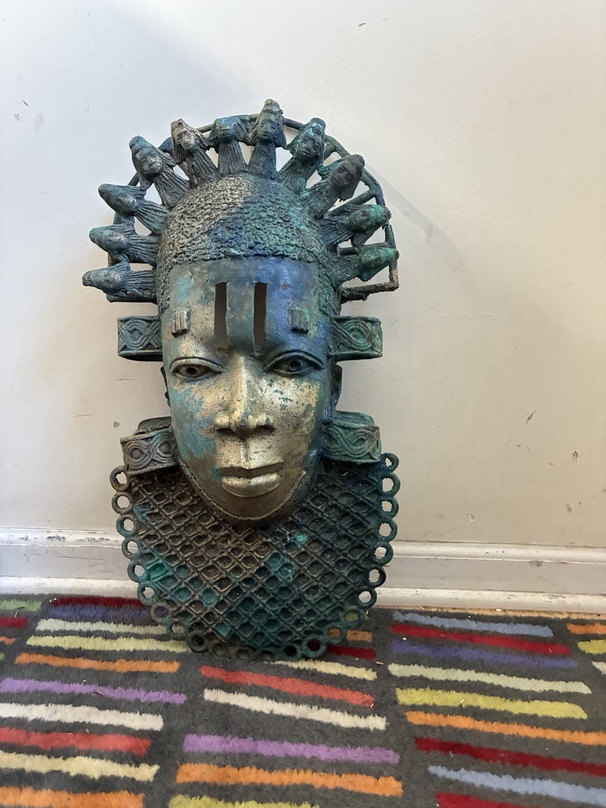 Vintage Benin Bronze Mask Sculpture Nigeria African Art Heavy Brass Statue 22\
