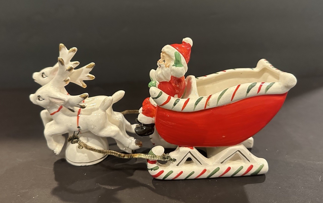 Vintage Ceramic Santa Sleigh and White Reindeers Very Rare Christmas Japan