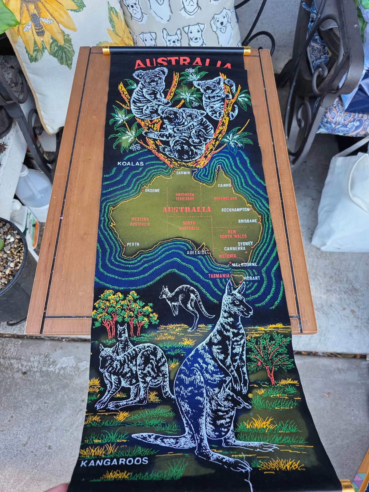 VTG Australia Souvenir Map Hanging Scroll Velvet Fabric Koala Kangaroo retro