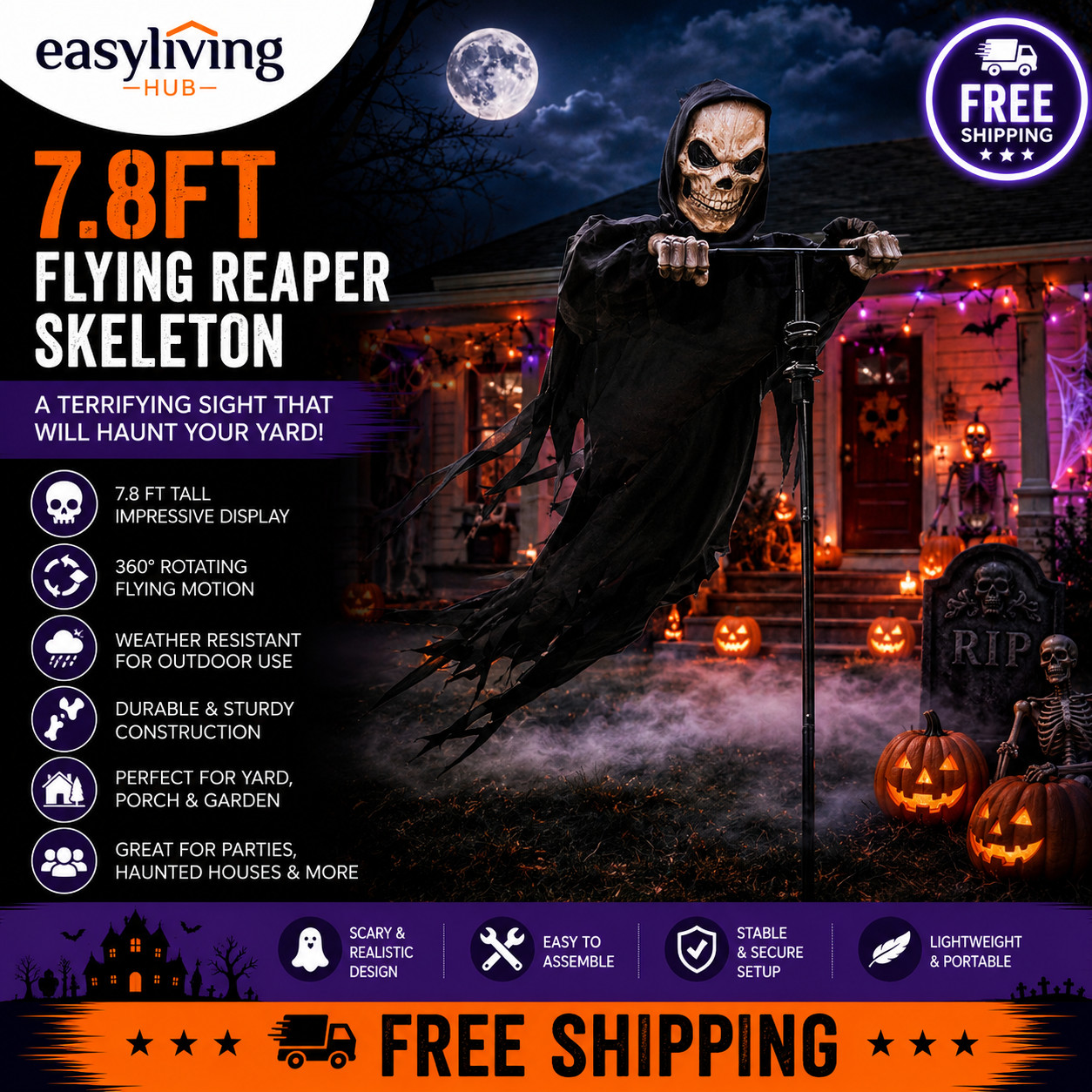7.8FT Flying Skeleton Reaper Halloween Decoration Outdoor Skull Ghost Yard Decor