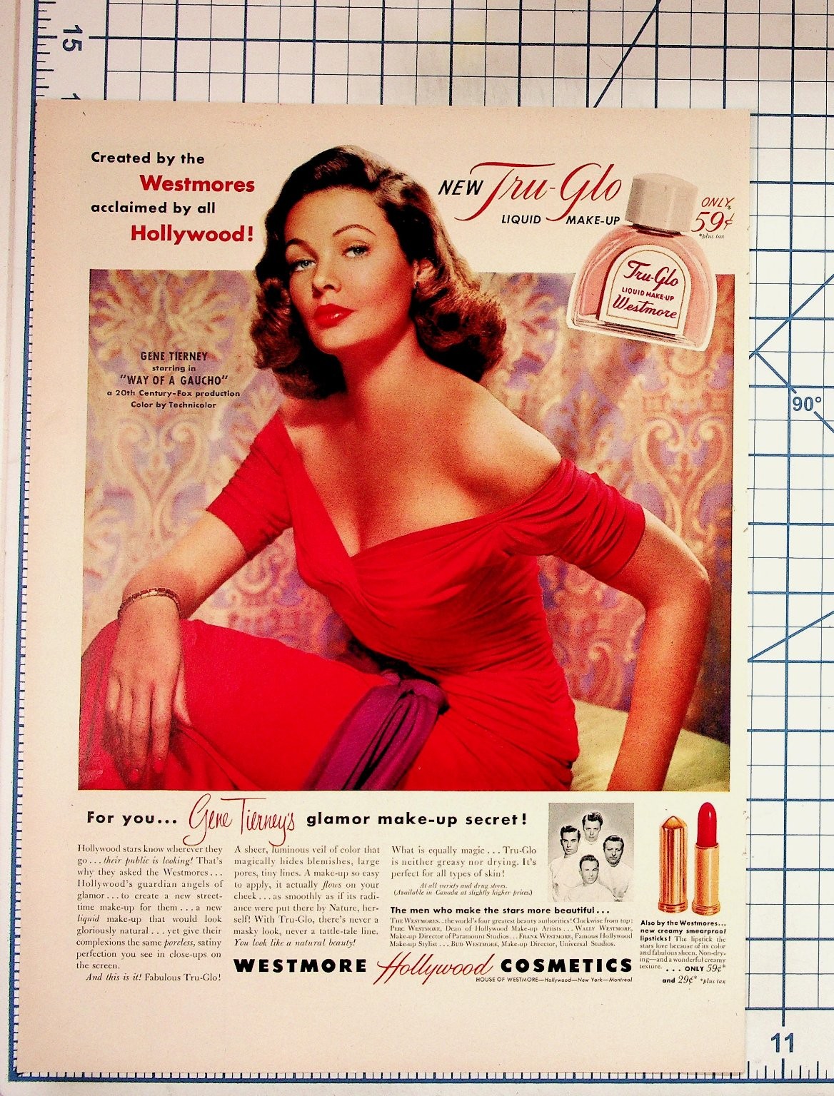 1952 Gene Tierney Tru-Glo Westmore Hollywood Cosmetics Vintage Ad 1952 Gene Tierney Tru-Glo Westmore Hollywood Cosmetics Vintage Ad