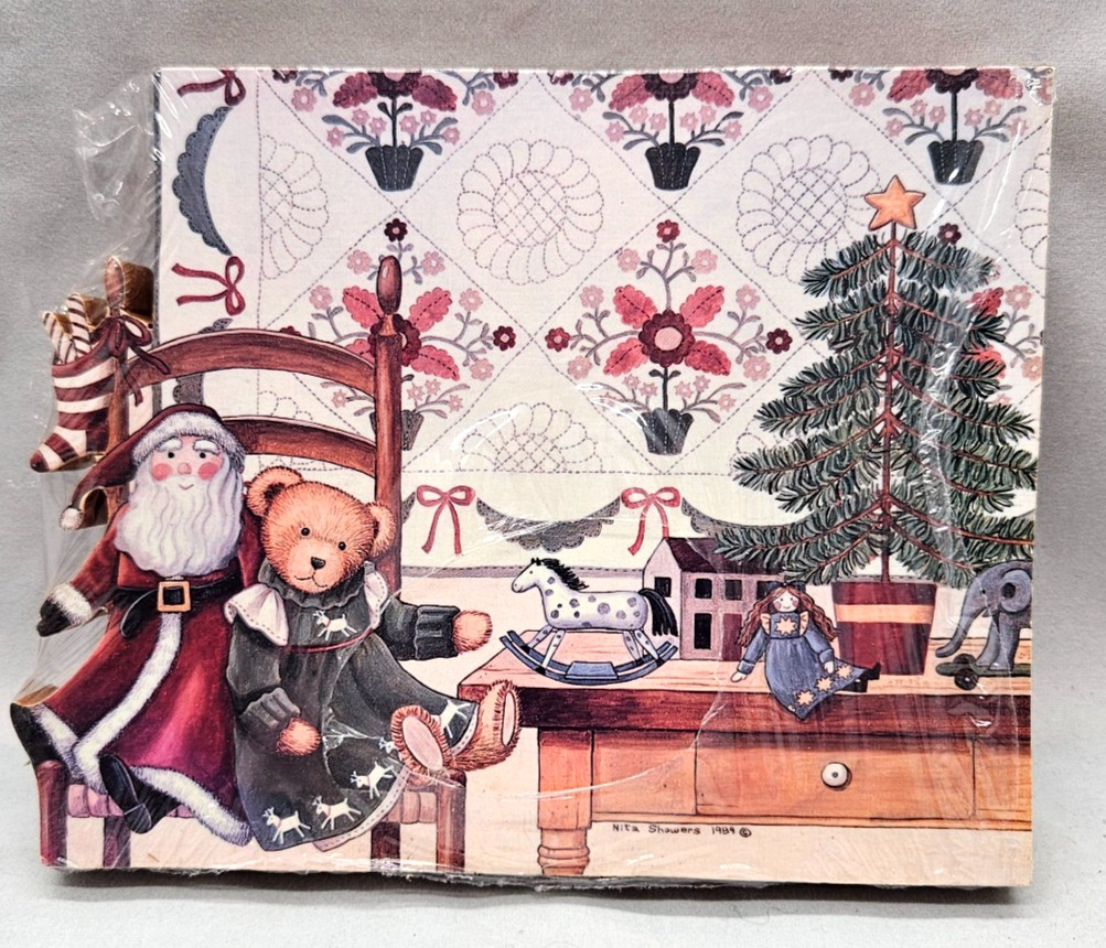 Vintage Nita Showers Art Victorian Christmas Gifts Santa Teddy Doll Wooden Block