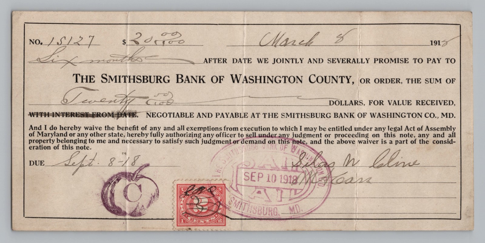 1918 Promissory Note Smithsburg Bank Washington Co MD Maryland Revenue Stamp