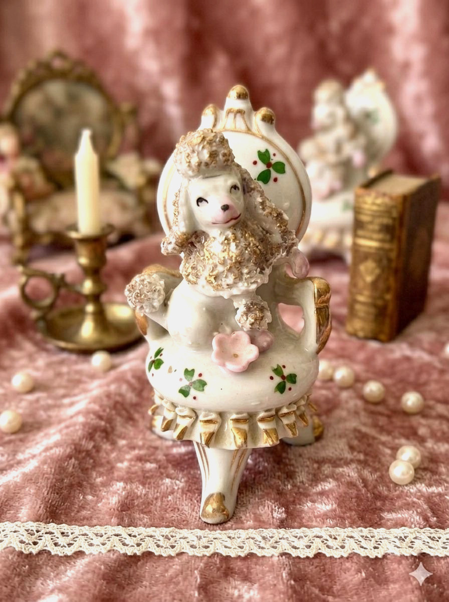Vintage 1950s Spaghetti Poodle on Parlor Chair Figurine White Gold Japan 4.5 Vintage 1950s Spaghetti Poodle on Parlor Chair Figurine White Gold Japan 4.5