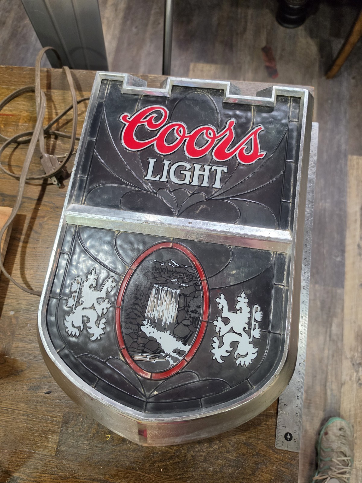 Vintage Coors Light Faux Stained Glass Lighted Bar Sign - Lion Crest & Waterfall