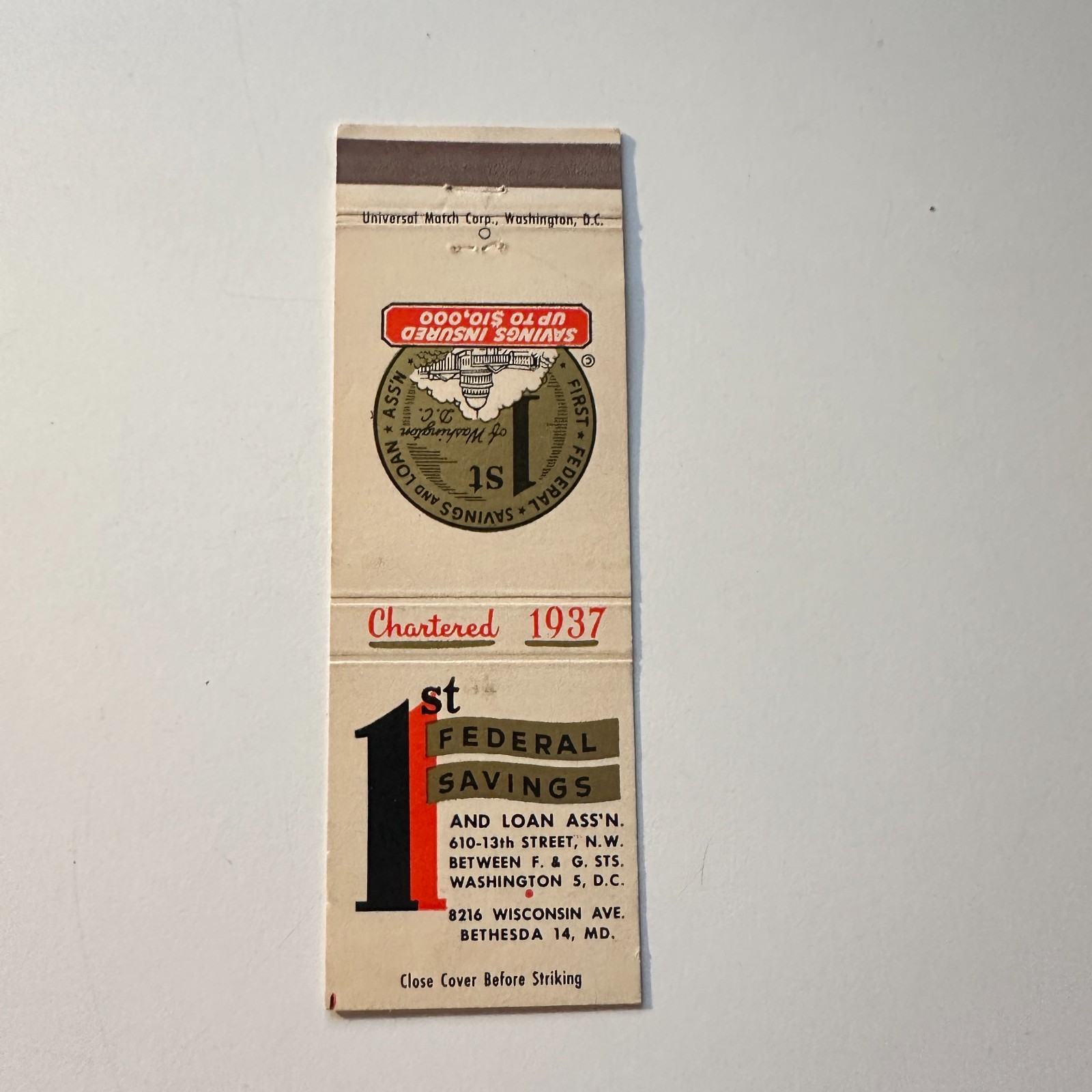 1st Federal Savings & Loan Ass\'n Bethesda MD Vintage Matchbook Cover 5MB126-1