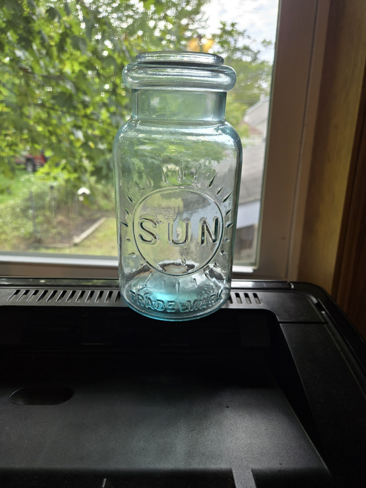 Antique SUN Aqua Fruit Jar J.P. Barstow On Base NICE