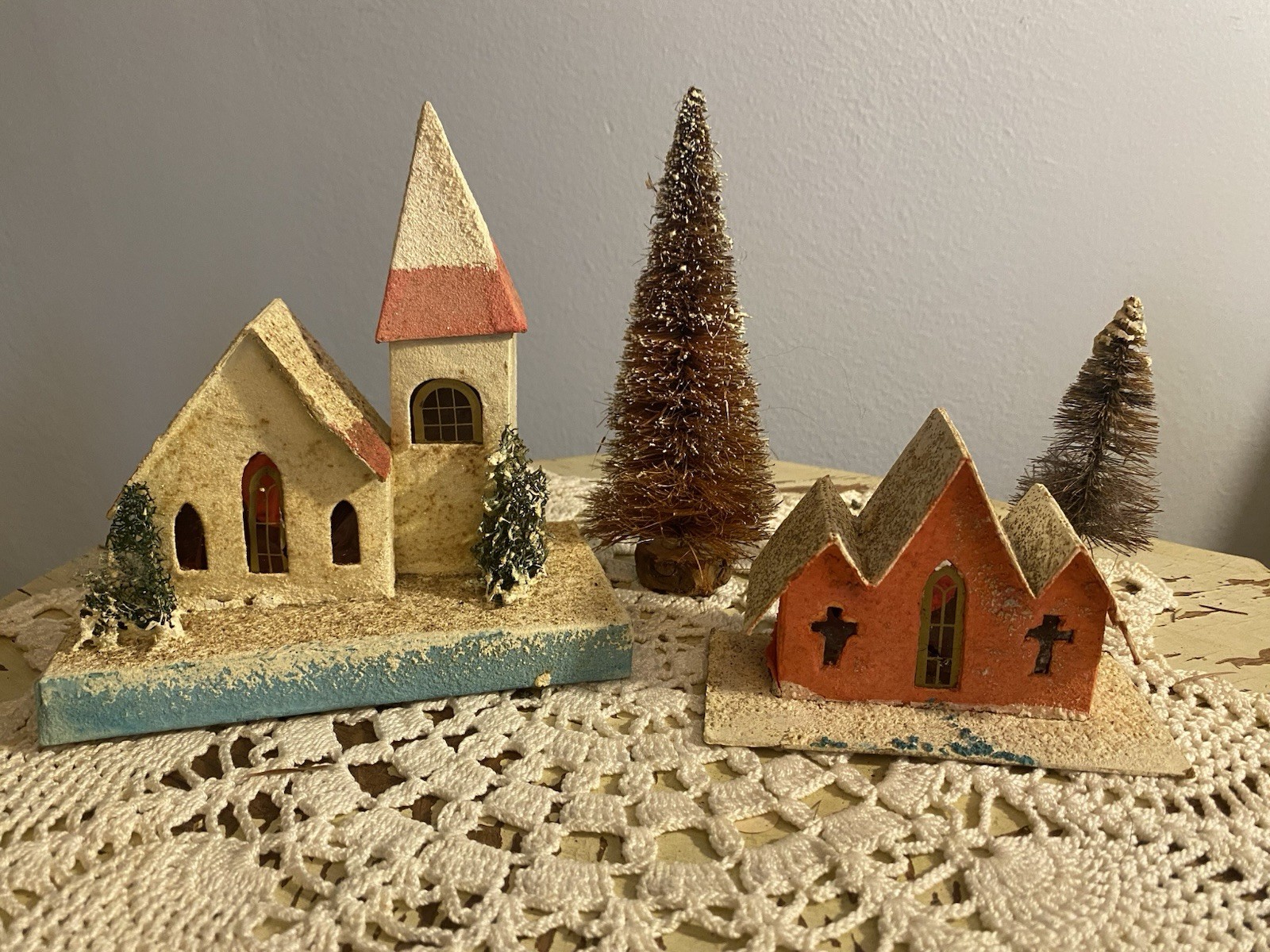 Set Of 2 Vintage “Putz” churches With 2 Bottle Brush Trees Marked Japan Set Of 2 Vintage “Putz” churches With 2 Bottle Brush Trees Marked Japan