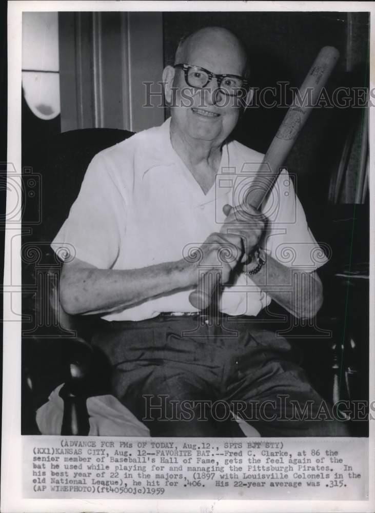 1959 Press Photo Fred C. Clarke with his favorite baseball bat in Kansas City
