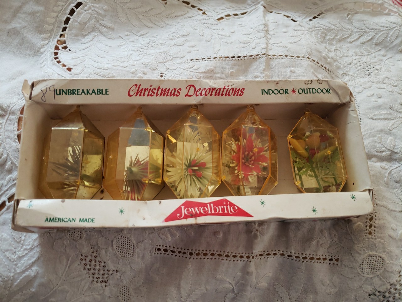Vintage Jewelbrite Ornaments, Box Of Five, Unbreakable,  1950s-1960s 