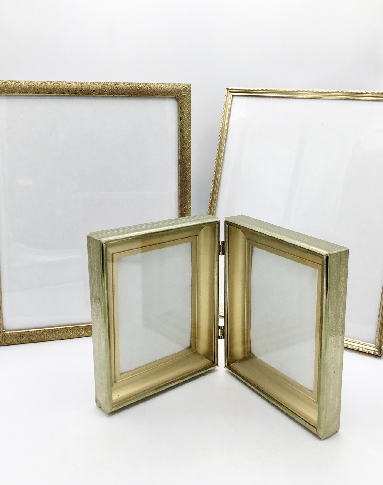 3-Vtge💥Double Gold Etched Scroll Ornate- Photo Frames-MCM Hollywood Regency