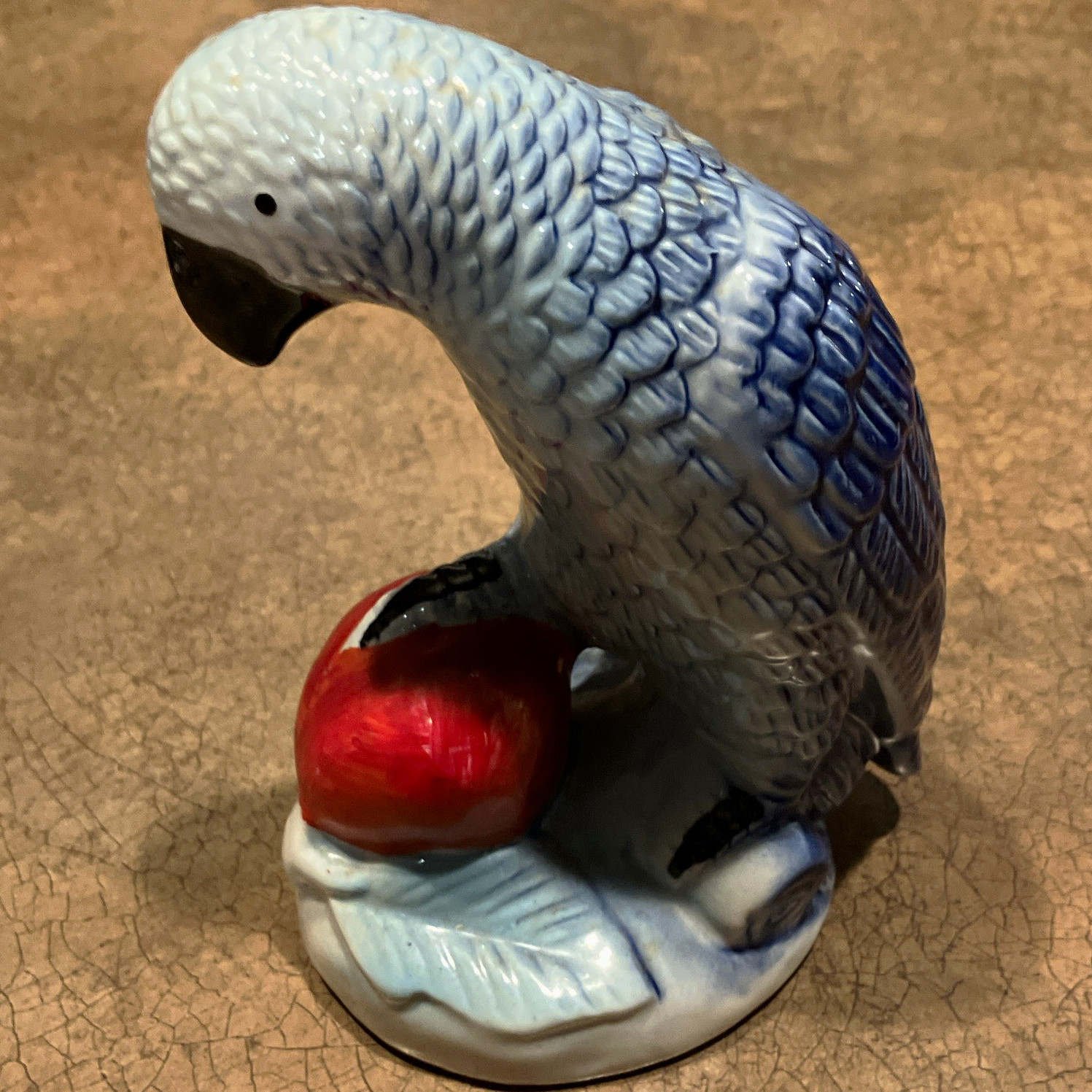 Beautiful Blue Porcelain Parrot Bird Figurine with Red Apple  6” tall