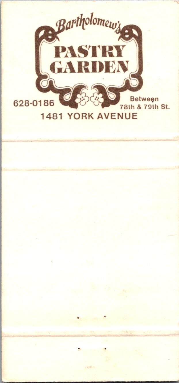 Bartholomew\'s Pastry Garden 1481 York Avenue Vintage Matchbook Cover TMM13-9