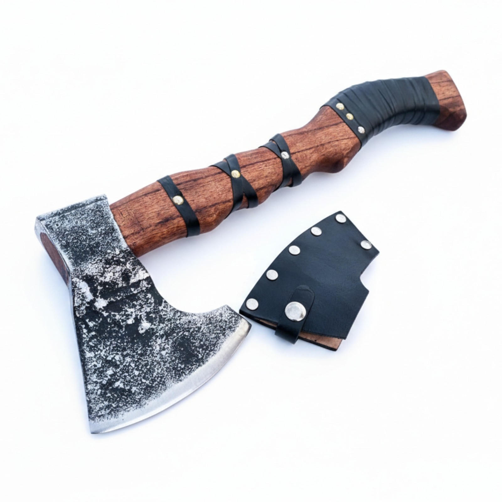 15in Viking Bearded Axe Hand Forged Carbon Steel Leather Wrap Hatchet Tomahawk