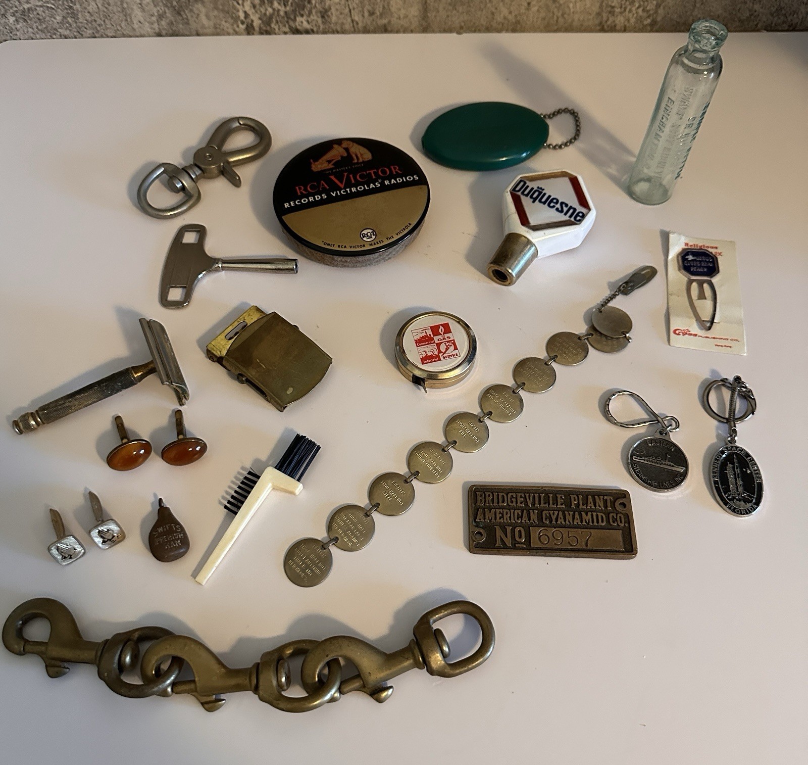 Vintage Junk Drawer 20+ Lot Advertising, RCA, Bottle, Razor Cufflinks Brass MORE