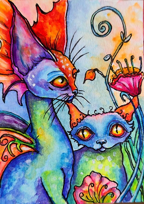 ACEO Original Painting OOAK - Fairy Cats - Bartshe