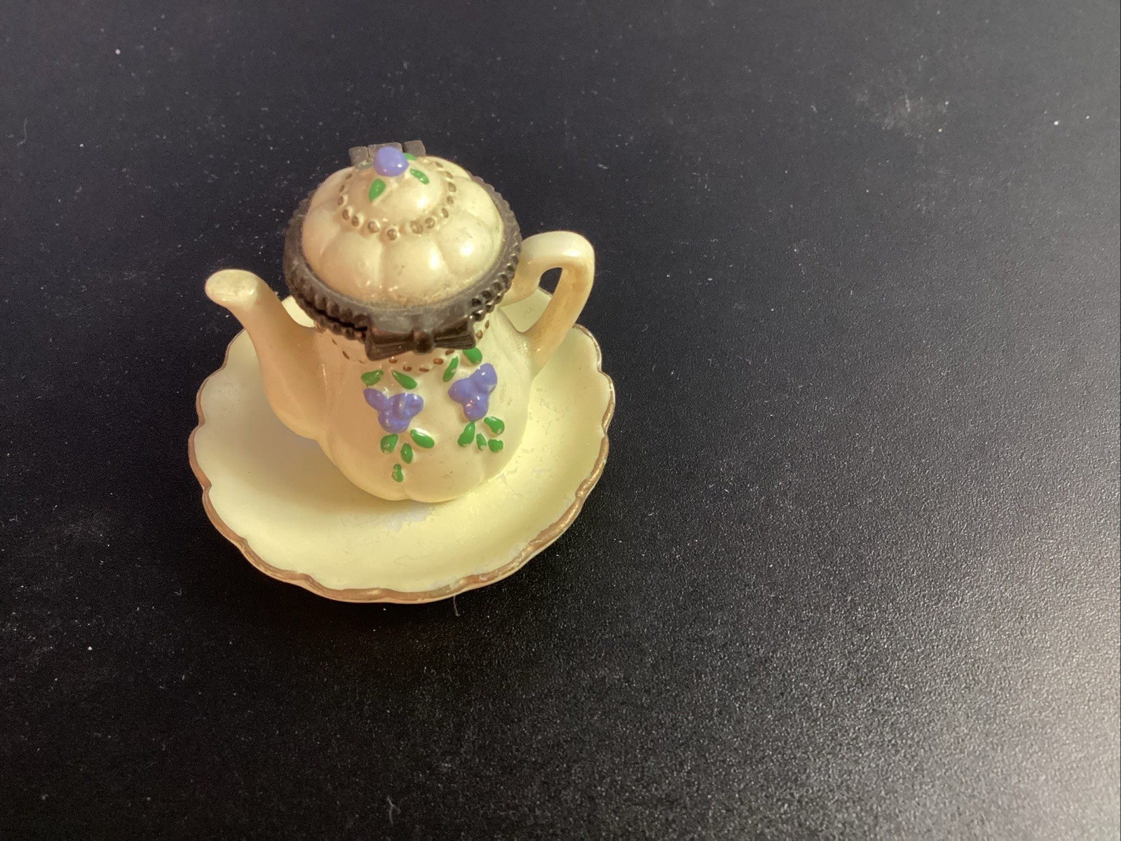 Vintage Miniature Yellow Ceramic Teapot And Saucer Hinged Trinket Box