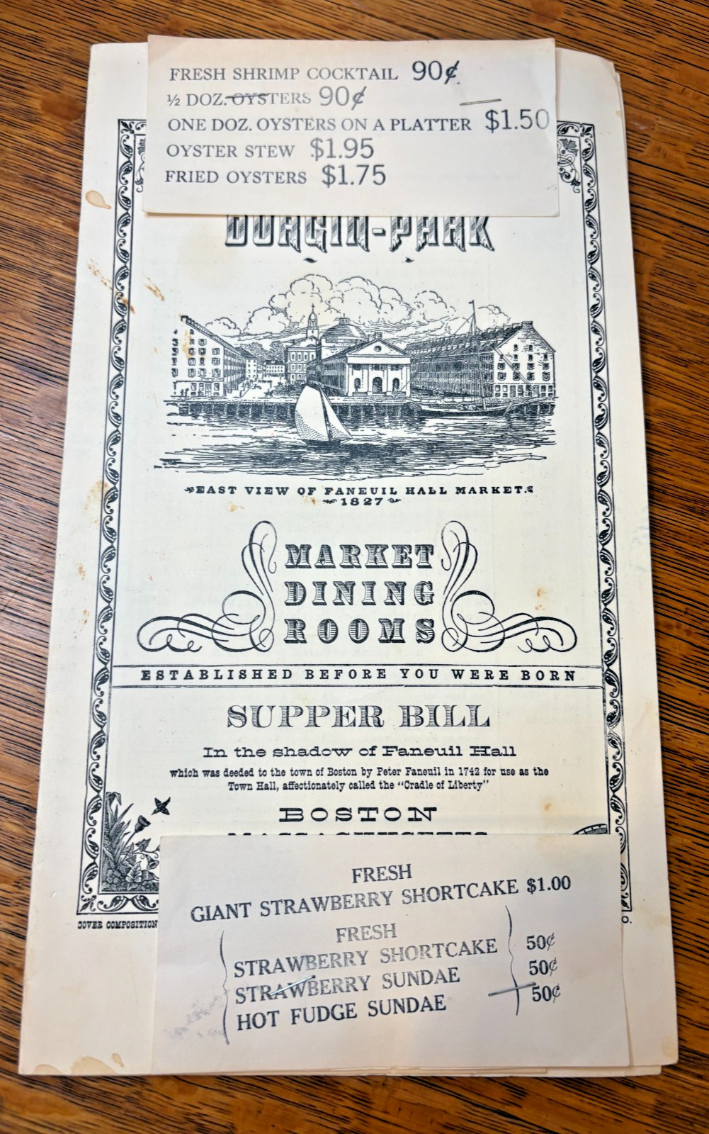 Vintage DURGIN PARK Market Dining Rooms Restaurant Menu - Boston, MA Supper Bill