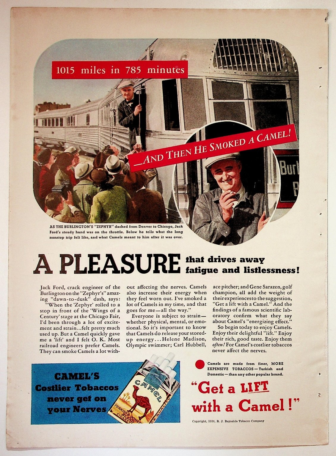 Camel 1934 Vintage Print Advertisement Zephyr Train Tobacco Ad