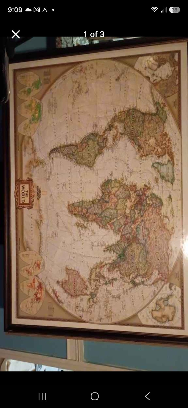 1988 National Geographic The World Map 46x29 Large Framed Vintage USSR Wall Art