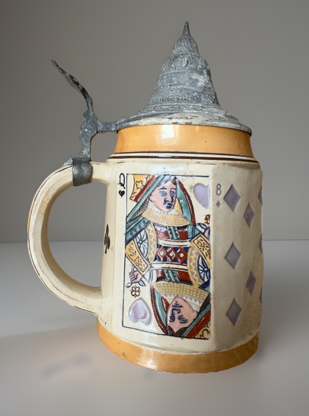 VTG German Stein Playing Cards Pewter  Top Cup 1890-1910 Rare