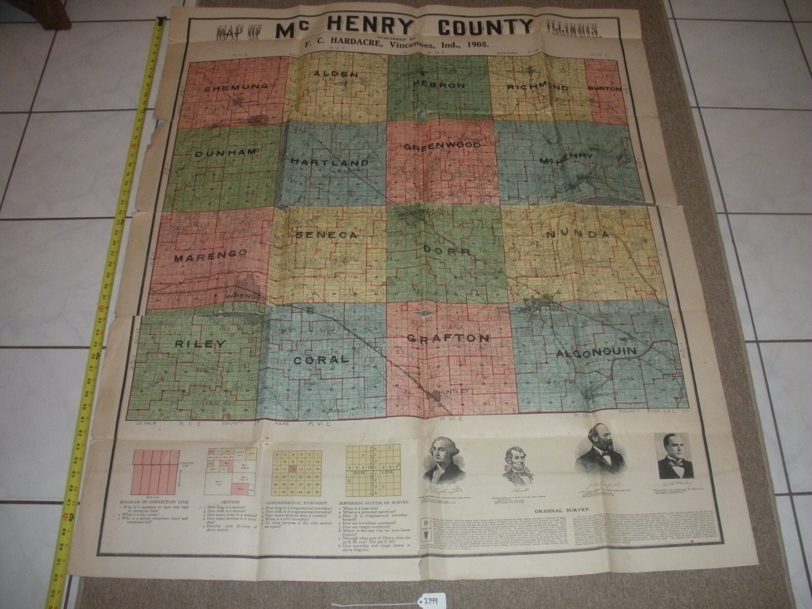 Vintage ANTIQUE VERY RARE Mc Henry County Map ILL F.C HARDACRE VINCENNES 1908