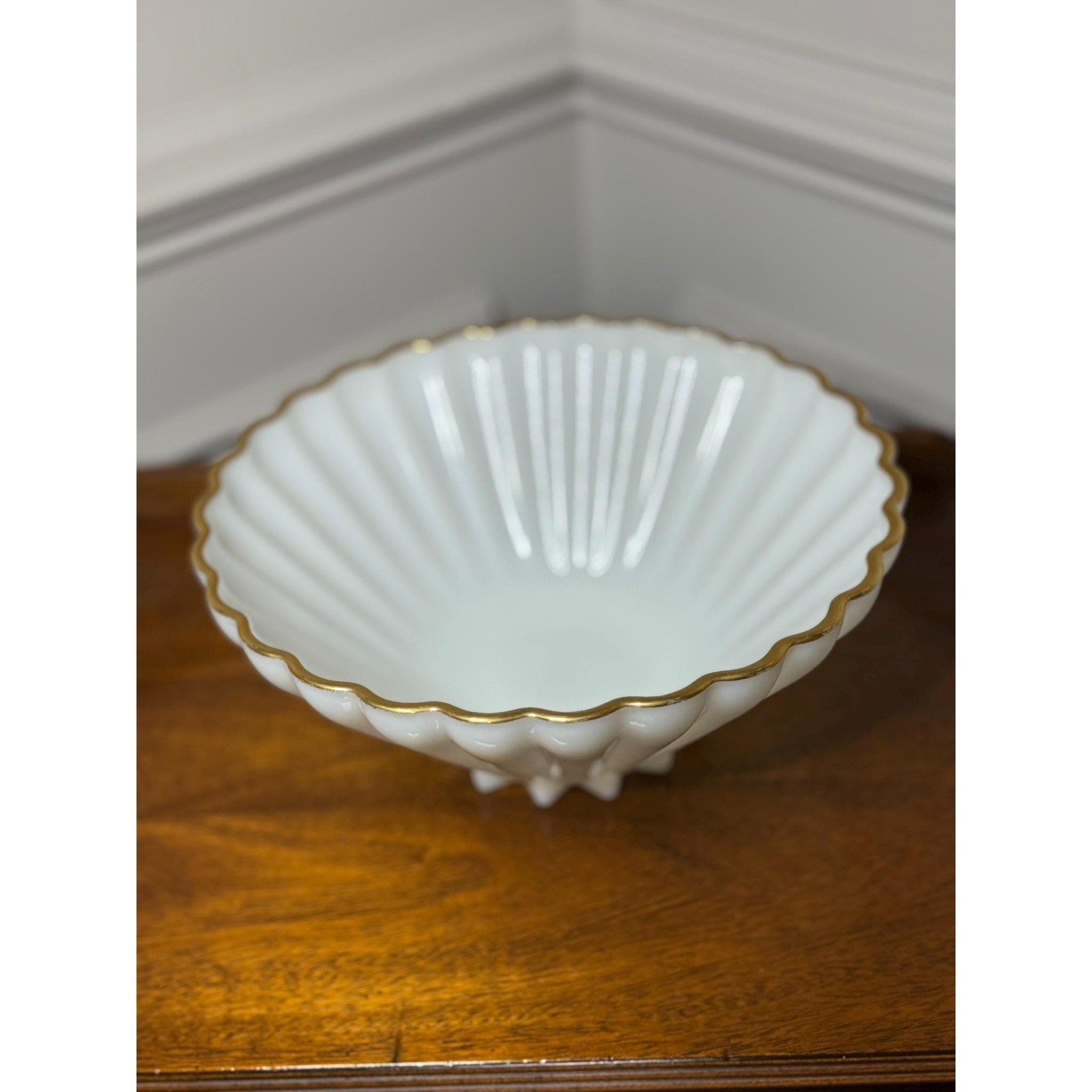 Vintage Porcelain Footed Bowl – White Scalloped Gold Trim Centerpiece
