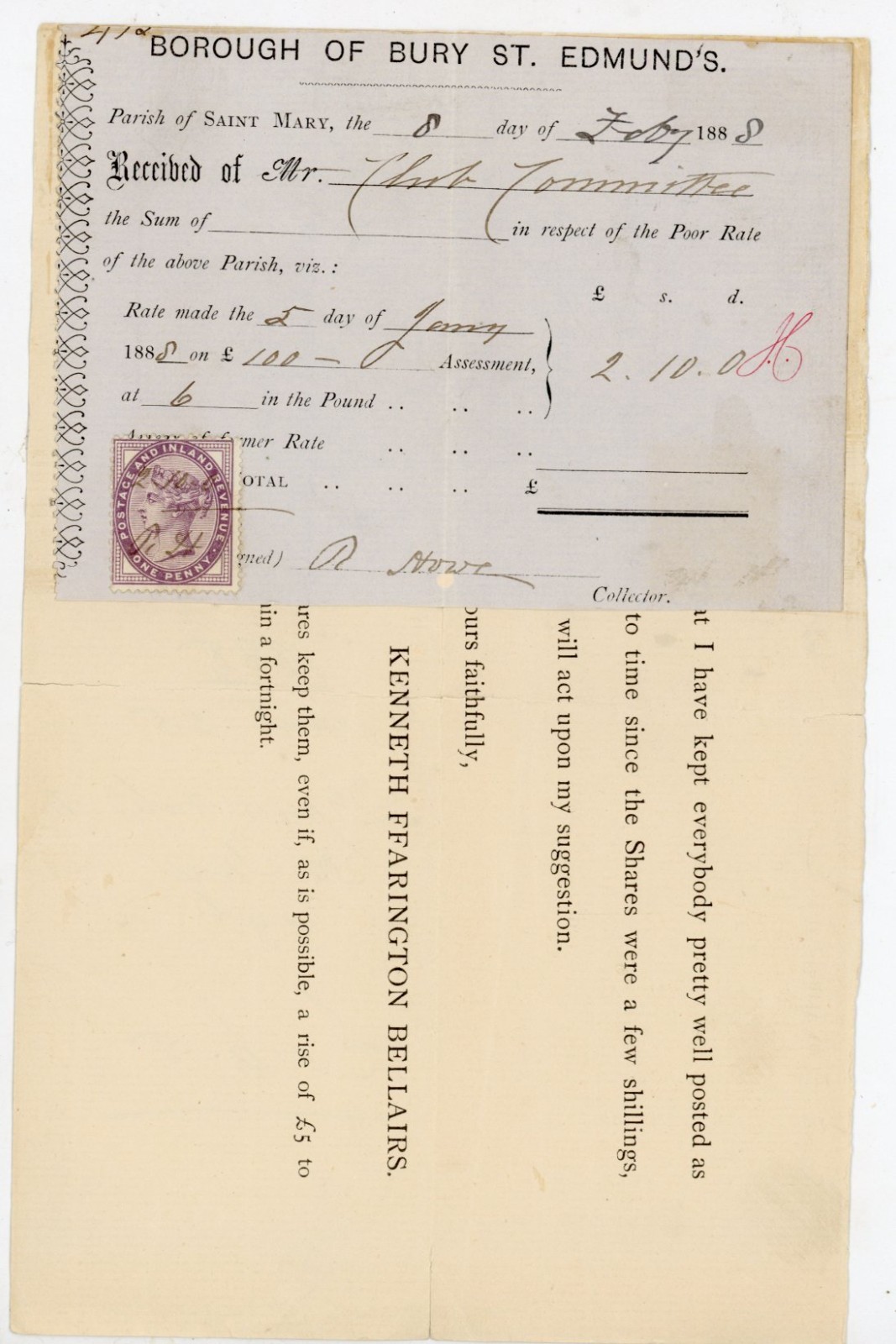 1888 Bury St Edmunds Parish St Mary Poor Rate Tax Receipt Queen Victoria Stamp