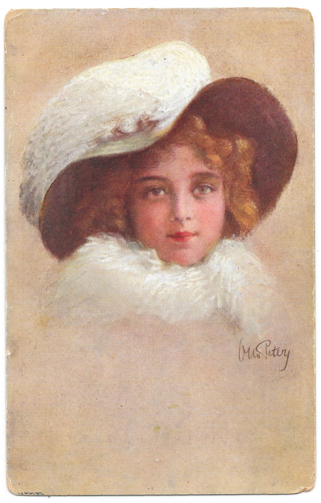 Artist Signed Petery Pretty Lady Big Hat Fur Collar Postcard Austria c1910