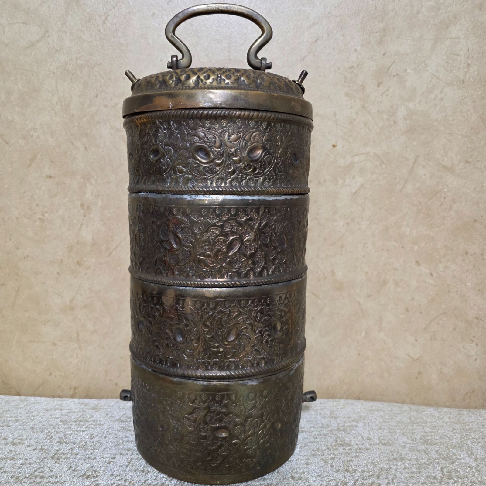 Antique Brass & Silver Plated Tiffin Lunch Box – 4 Tier Handcrafted Indian/Persi