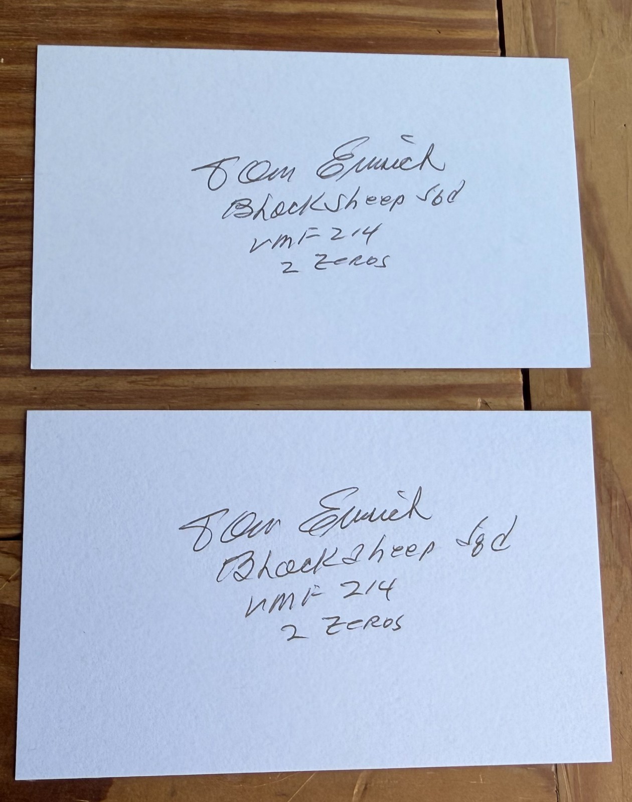 Tom Emrich d. '13 Signed 3x5 Index WW2 Black Sheep Squadron Pilot lot of 2 RARE