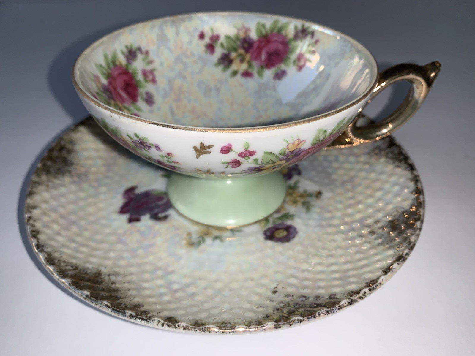 Vintage NORCREST ROSE Footed TEACUP & SAUCER Iridescent Lusterware 