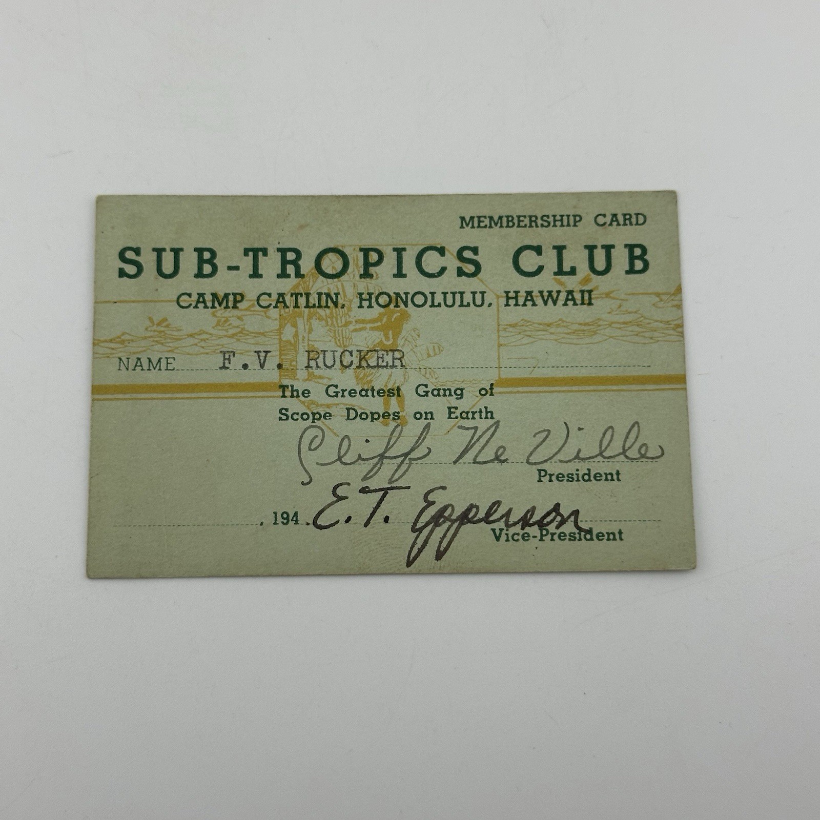 Vintage 1940s Sub-Tropics Hawaii Country Club Card Camp Catlin Honolulu Hawaii
