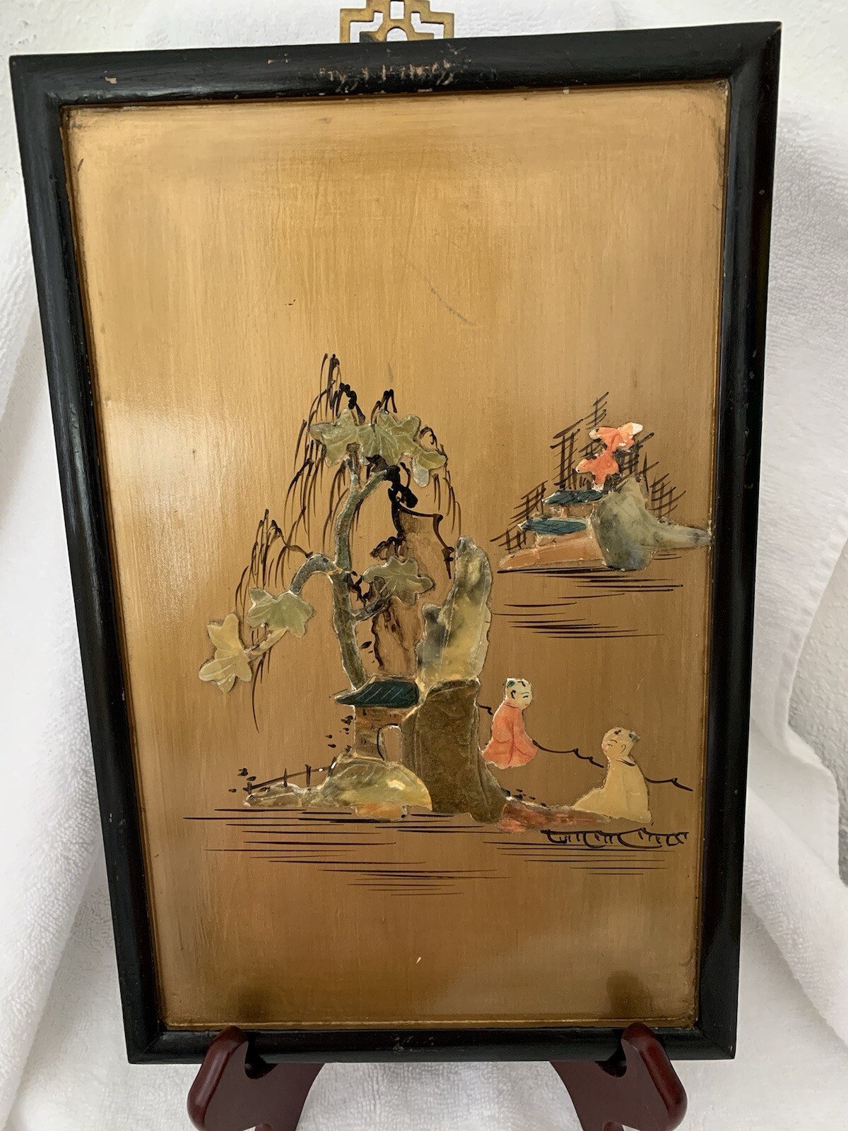 Vintage Chinese Art With Natural Stone On wooden Panel, 8”X13”