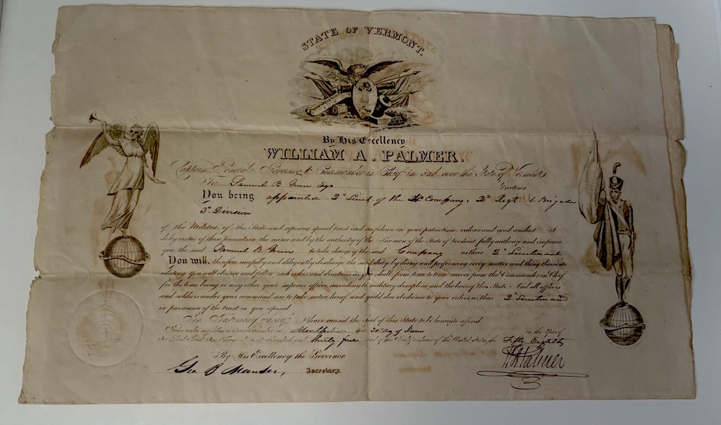 1834 Vermont Governor William Palmer Vermont Milita Commission