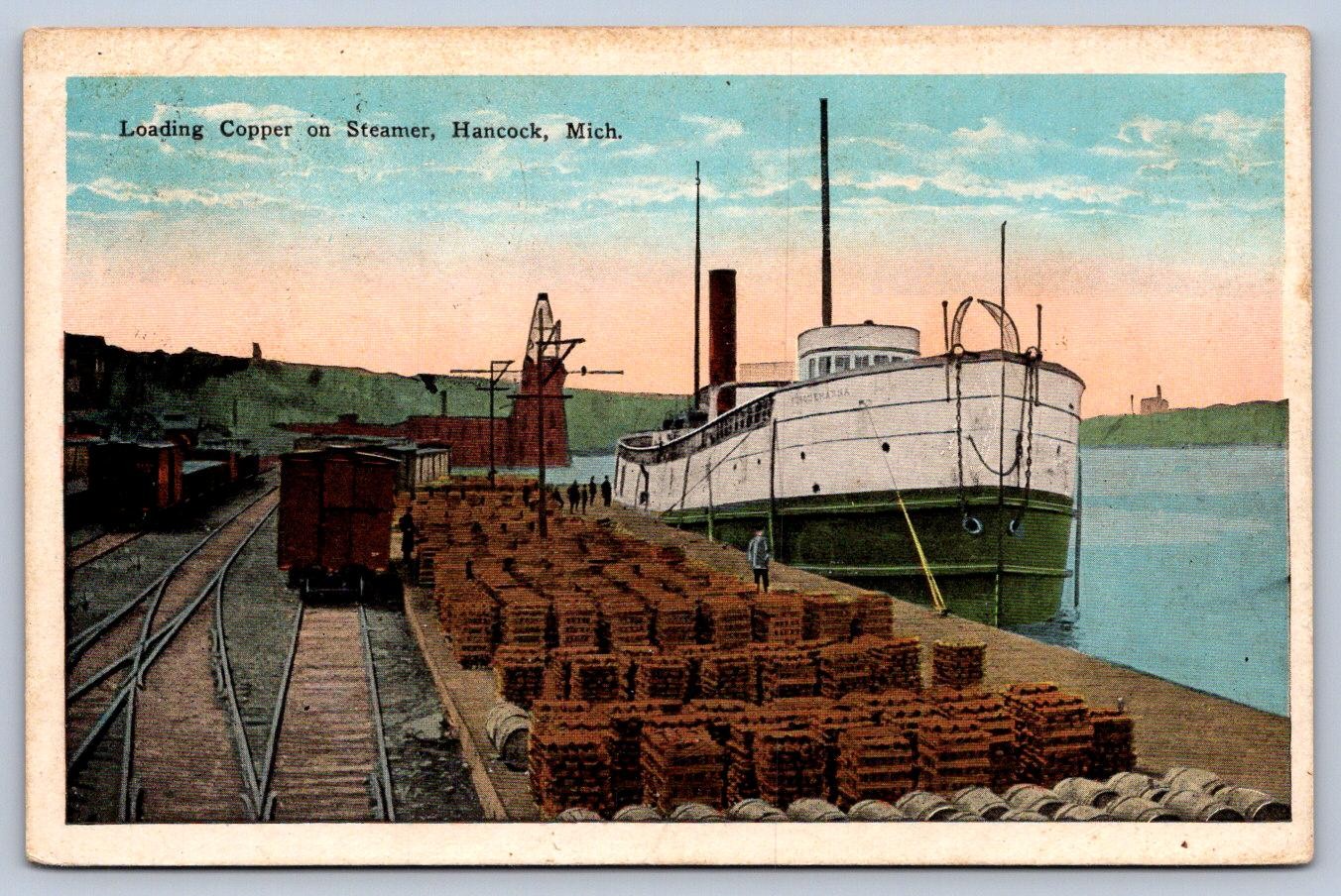 K66/ Hancock Michigan Postcard c1910 Loading Copper on Ship Steamer Dock 16