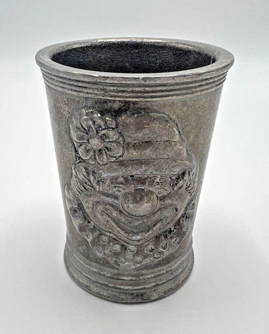 Heavy Pewter CLOWN FACE Children\'s Tumbler, Kid\'s Metal Cup Glass Vintage Carter