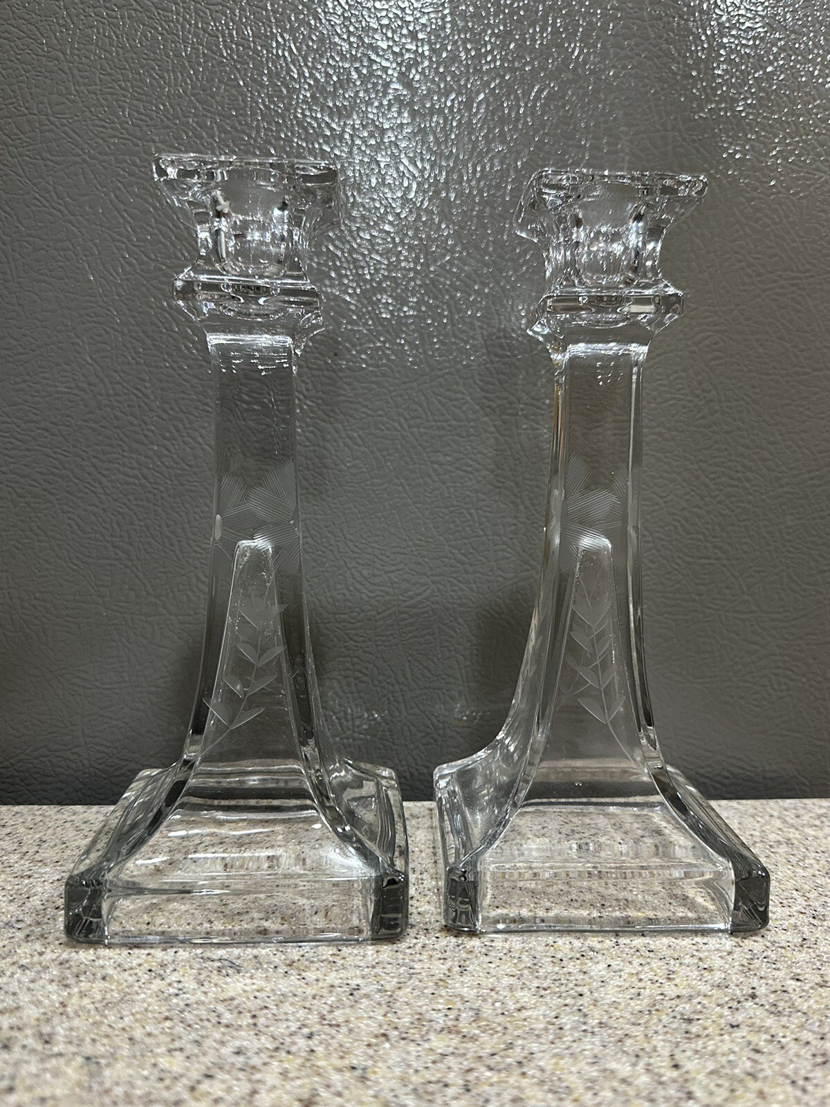 2 Vintage Etched Clear Glass Candleholders 7.5” Floral Square Base *see pics*