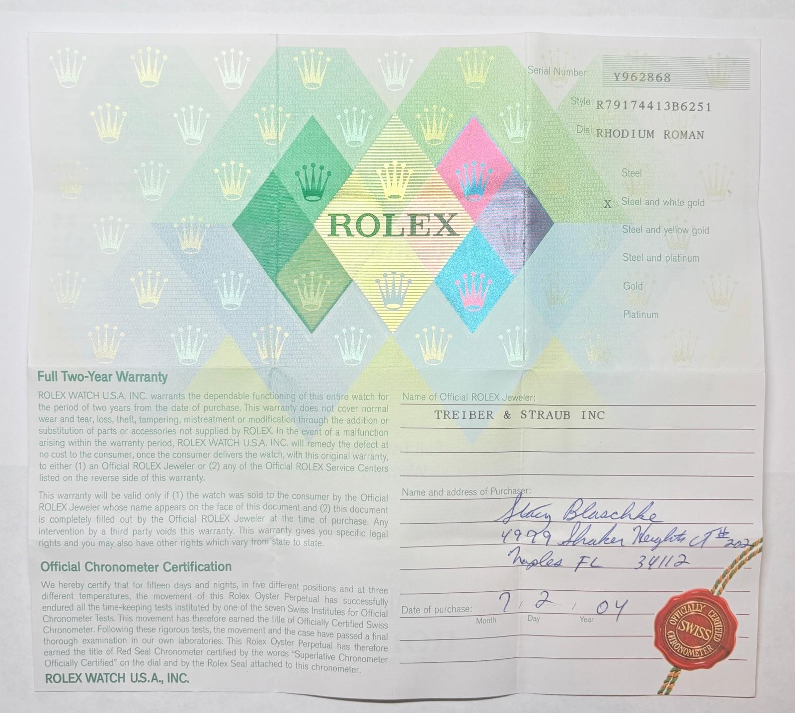 OEM Rolex 79174 Lady-Datejust Warranty Certificate Guarantee 2000s Y Serial