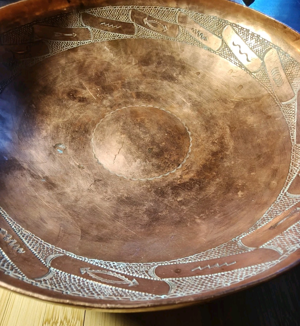 Native American Vintage Handmade Stamped Copper Bowl Awa Tsireh Alfonso Roybal