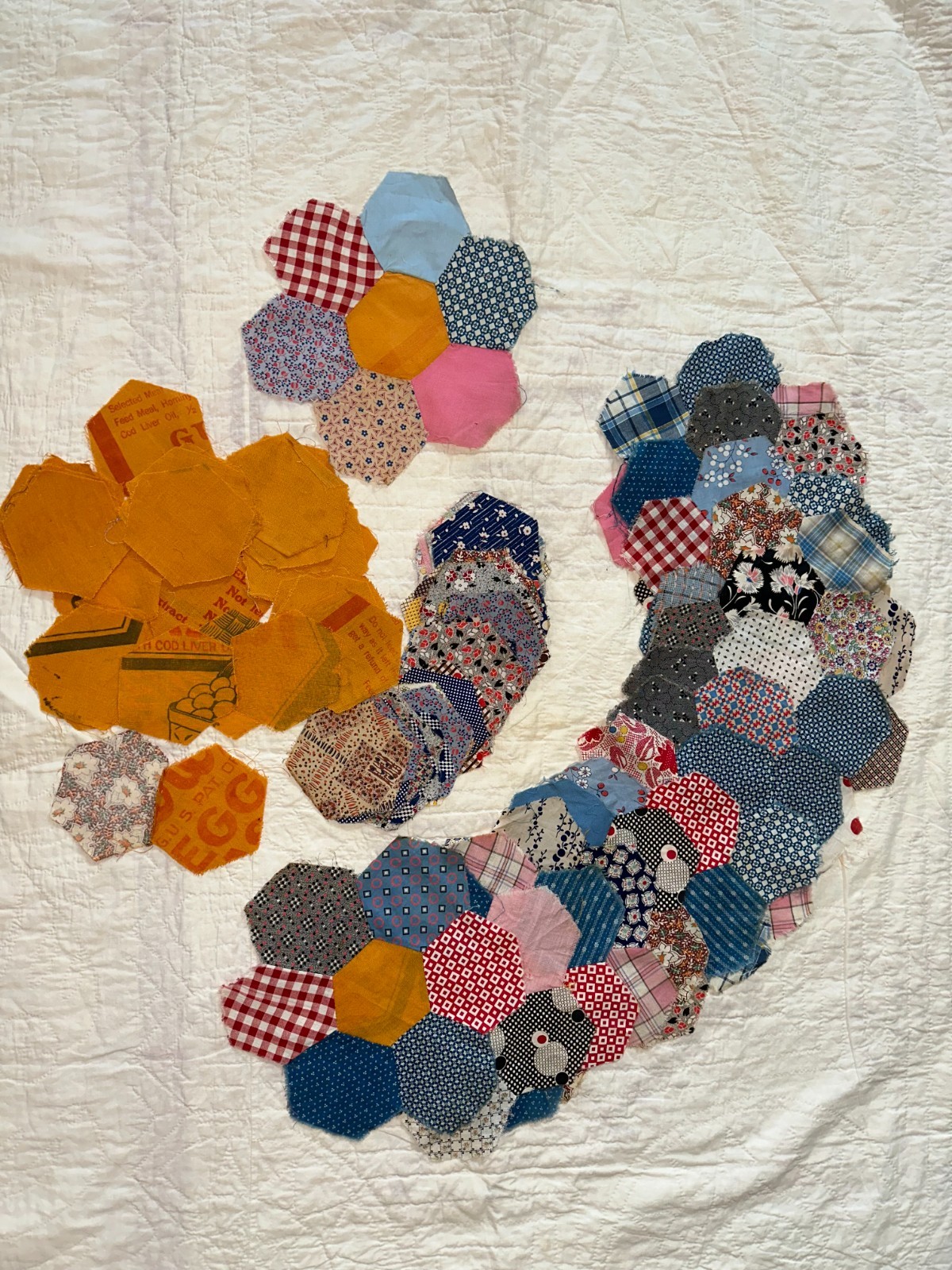 Antique Vintage Hexagon Quilt Blocks w/ Feed Sack Centers & Extra - c1925